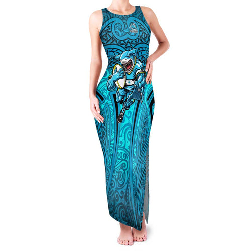Cronulla Sutherland Sharks Rugby Family Matching Tank Maxi Dress and Hawaiian Shirt Polynesian Tribal Shark Warrior Ocean Blue Pattern