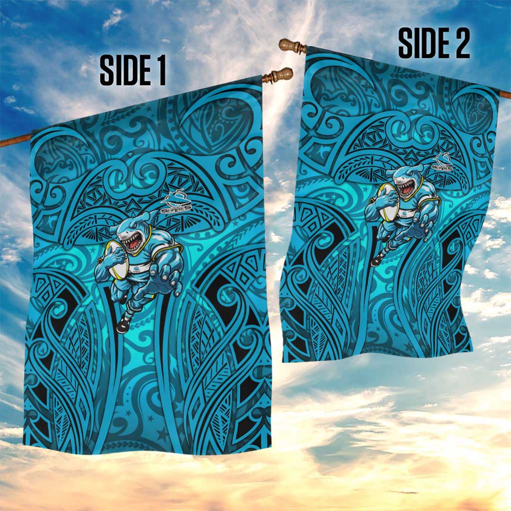 Cronulla Sutherland Sharks Rugby Garden Flag Polynesian Tribal Shark Warrior Ocean Blue Pattern