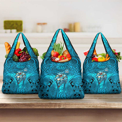 Cronulla Sutherland Sharks Rugby Grocery Bag Polynesian Tribal Shark Warrior Ocean Blue Pattern
