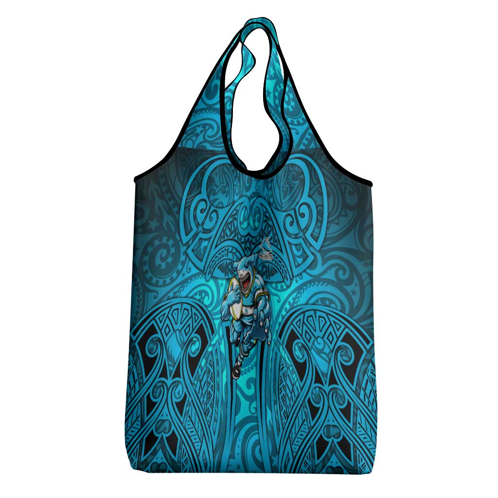 Cronulla Sutherland Sharks Rugby Grocery Bag Polynesian Tribal Shark Warrior Ocean Blue Pattern