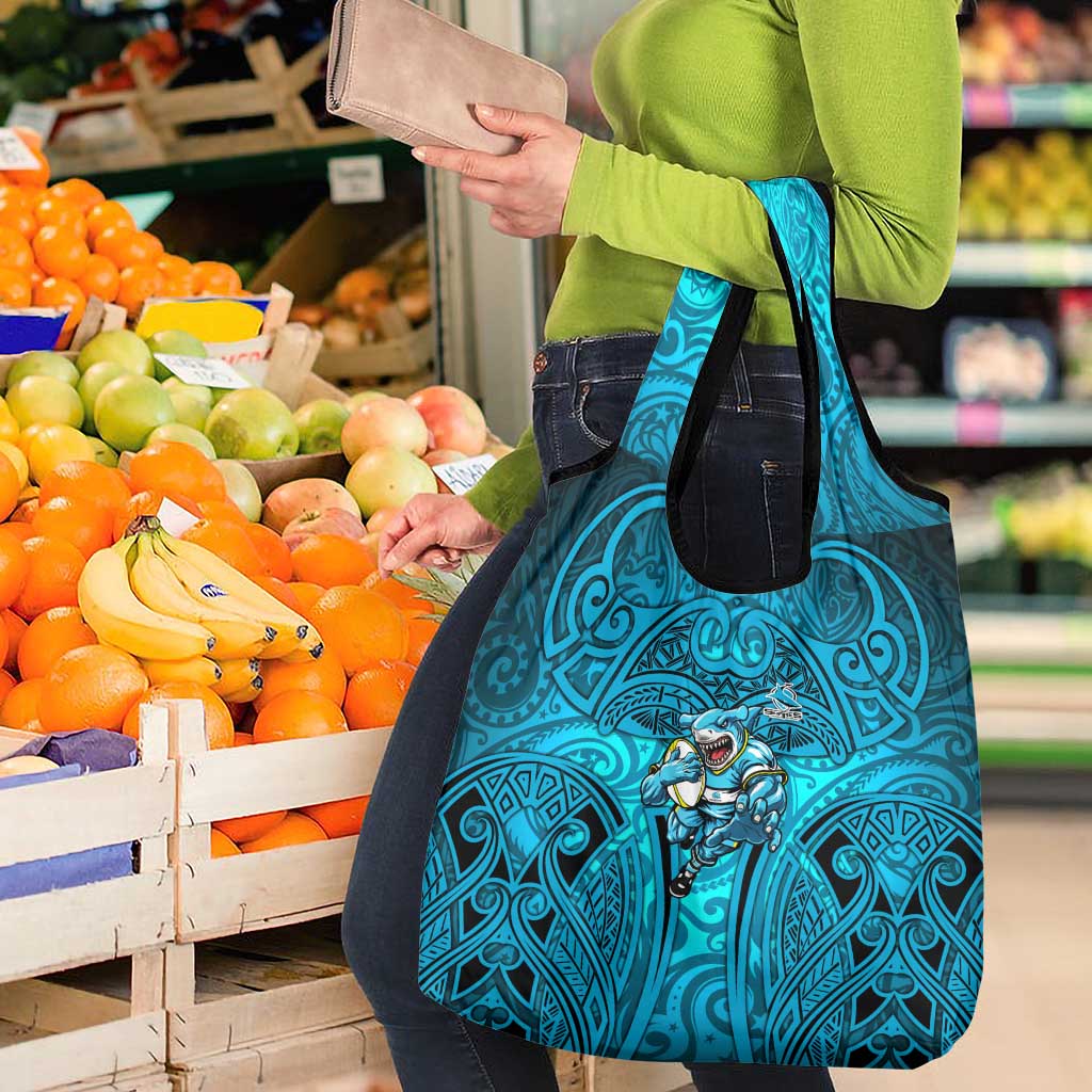Cronulla Sutherland Sharks Rugby Grocery Bag Polynesian Tribal Shark Warrior Ocean Blue Pattern