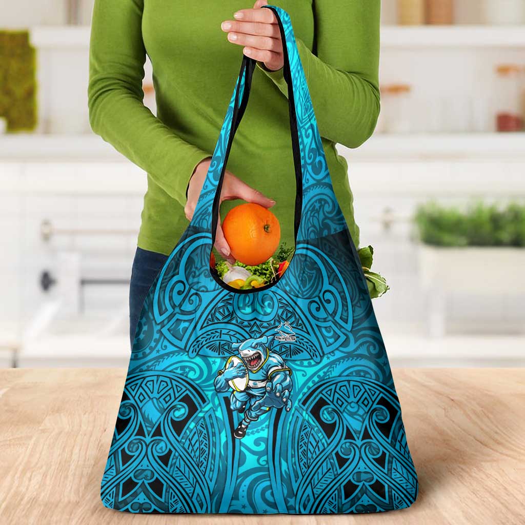 Cronulla Sutherland Sharks Rugby Grocery Bag Polynesian Tribal Shark Warrior Ocean Blue Pattern