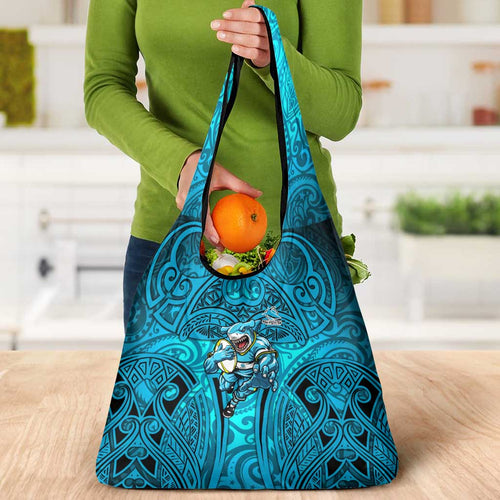 Cronulla Sutherland Sharks Rugby Grocery Bag Polynesian Tribal Shark Warrior Ocean Blue Pattern