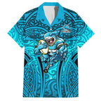 Cronulla Sutherland Sharks Rugby Hawaiian Shirt Polynesian Tribal Shark Warrior Ocean Blue Pattern