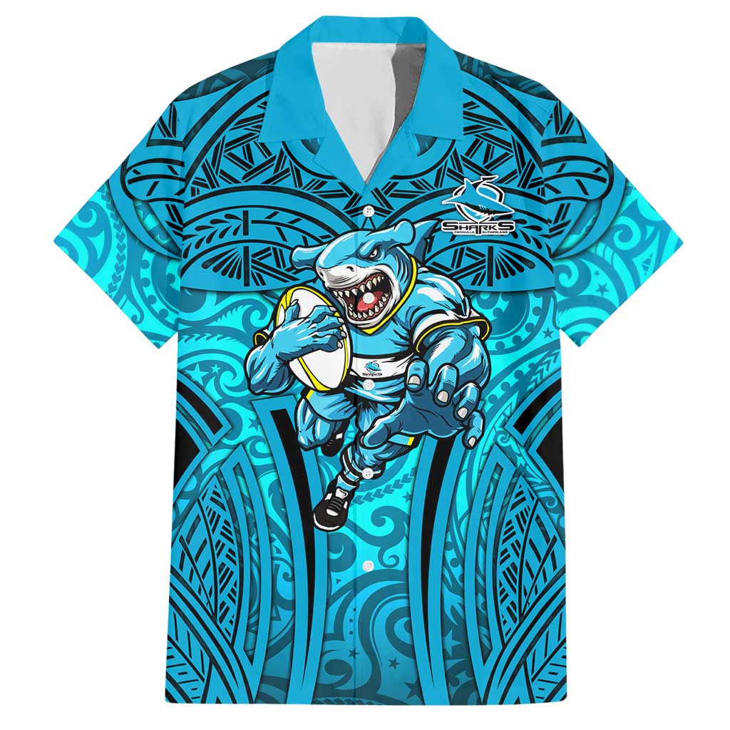 Cronulla Sutherland Sharks Rugby Hawaiian Shirt Polynesian Tribal Shark Warrior Ocean Blue Pattern