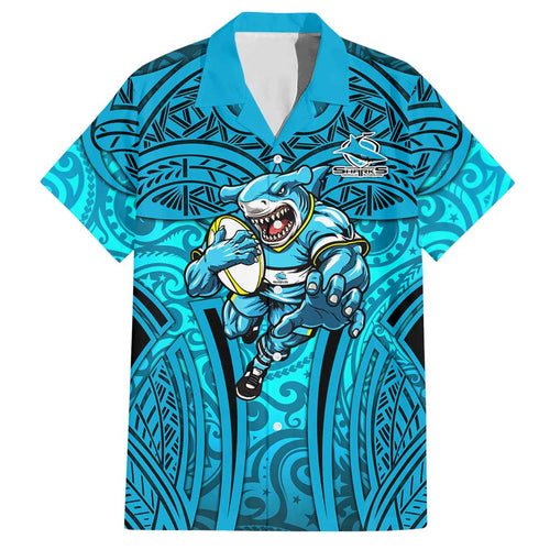 Cronulla Sutherland Sharks Rugby Hawaiian Shirt Polynesian Tribal Shark Warrior Ocean Blue Pattern
