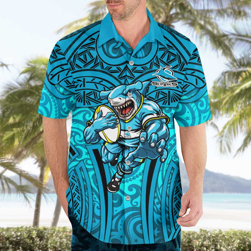 Cronulla Sutherland Sharks Rugby Hawaiian Shirt Polynesian Tribal Shark Warrior Ocean Blue Pattern