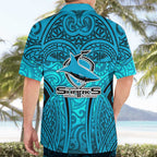 Cronulla Sutherland Sharks Rugby Hawaiian Shirt Polynesian Tribal Shark Warrior Ocean Blue Pattern
