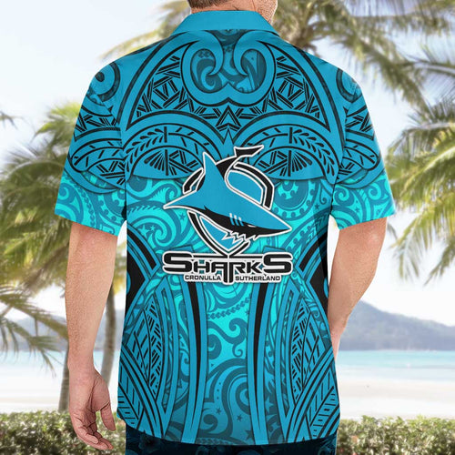 Cronulla Sutherland Sharks Rugby Hawaiian Shirt Polynesian Tribal Shark Warrior Ocean Blue Pattern