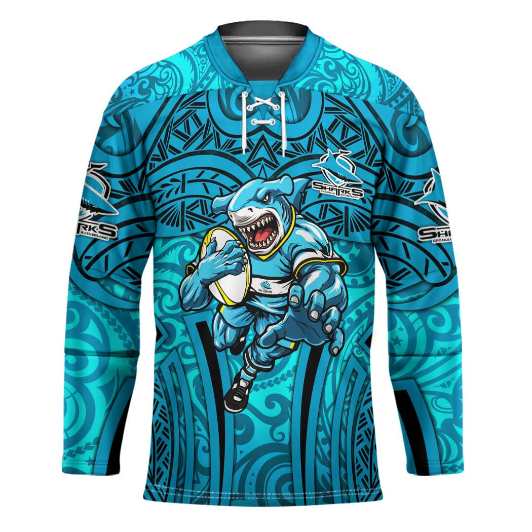 Cronulla Sutherland Sharks Rugby Hockey Jersey Polynesian Tribal Shark Warrior Ocean Blue Pattern