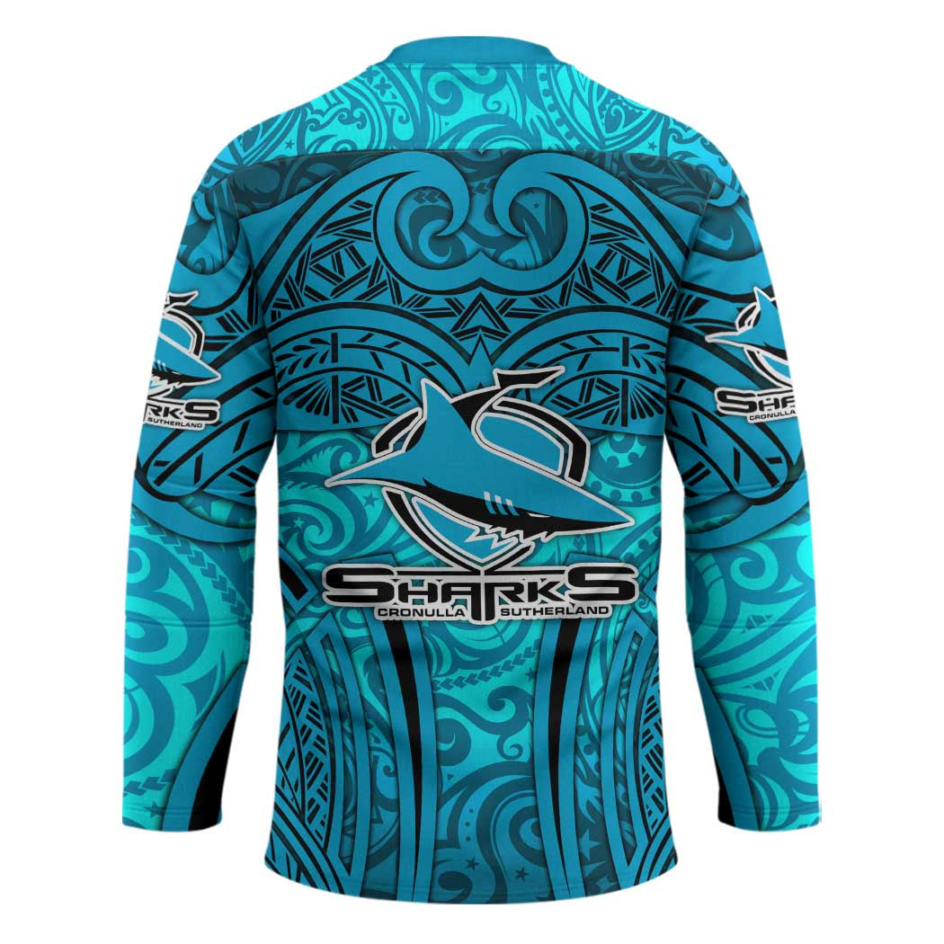 Cronulla Sutherland Sharks Rugby Hockey Jersey Polynesian Tribal Shark Warrior Ocean Blue Pattern