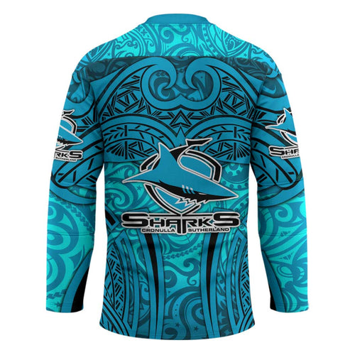 Cronulla Sutherland Sharks Rugby Hockey Jersey Polynesian Tribal Shark Warrior Ocean Blue Pattern