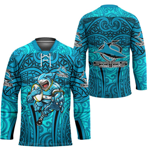 Cronulla Sutherland Sharks Rugby Hockey Jersey Polynesian Tribal Shark Warrior Ocean Blue Pattern