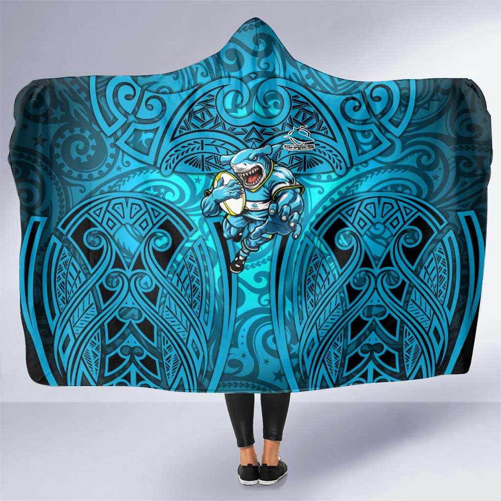 Cronulla Sutherland Sharks Rugby Hooded Blanket Polynesian Tribal Shark Warrior Ocean Blue Pattern