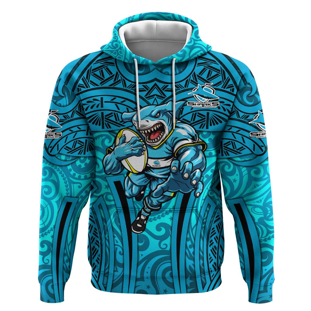 Cronulla Sutherland Sharks Rugby Hoodie Polynesian Tribal Shark Warrior Ocean Blue Pattern