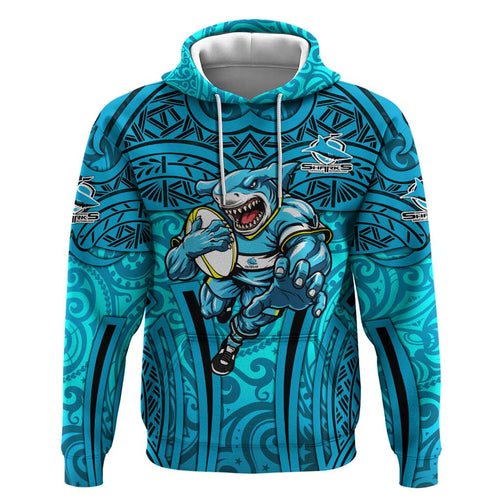 Cronulla Sutherland Sharks Rugby Hoodie Polynesian Tribal Shark Warrior Ocean Blue Pattern