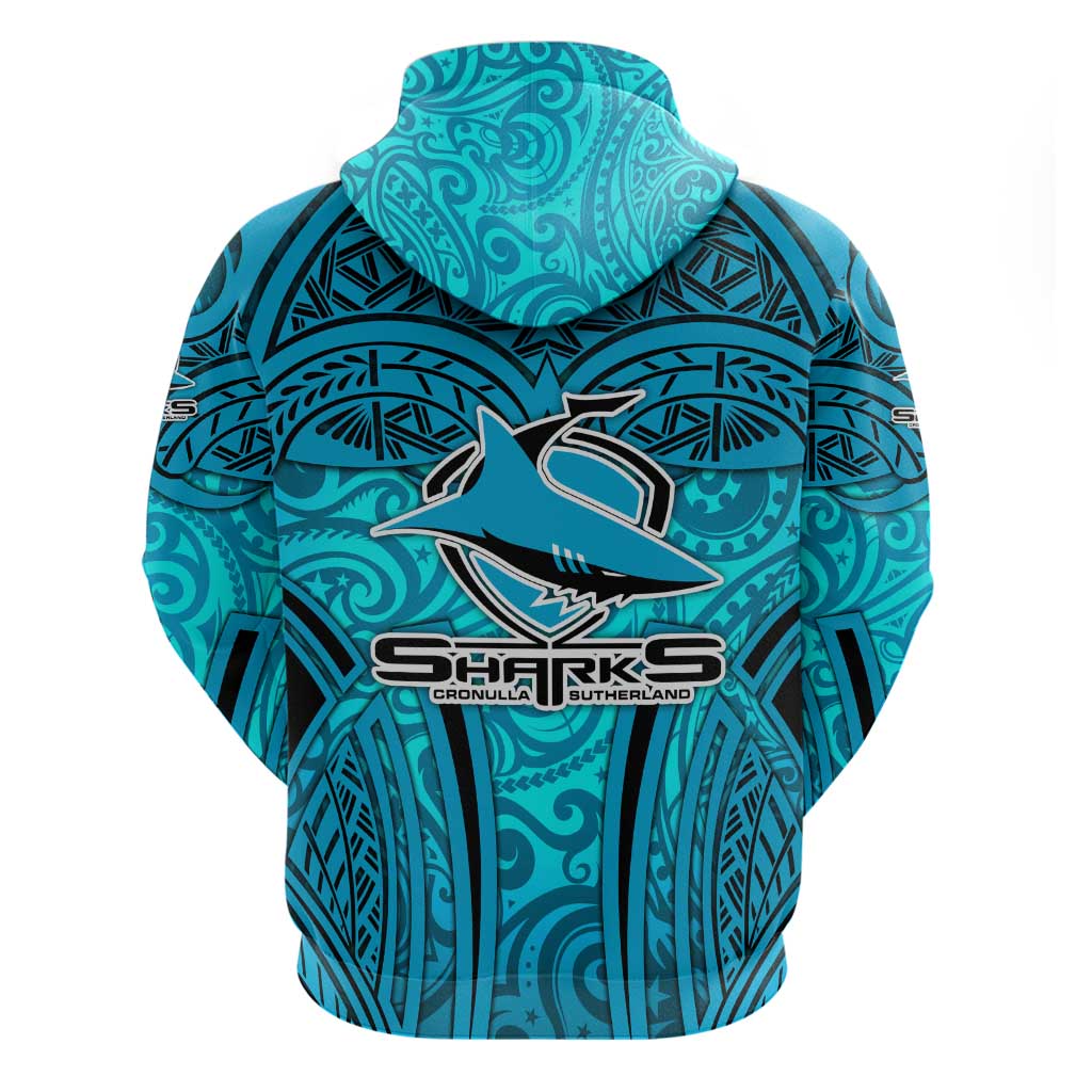 Cronulla Sutherland Sharks Rugby Hoodie Polynesian Tribal Shark Warrior Ocean Blue Pattern