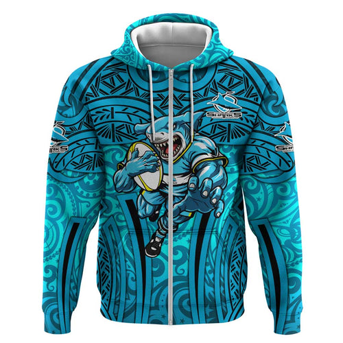 Cronulla Sutherland Sharks Rugby Hoodie Polynesian Tribal Shark Warrior Ocean Blue Pattern