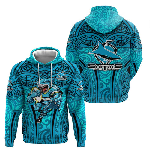 Cronulla Sutherland Sharks Rugby Hoodie Polynesian Tribal Shark Warrior Ocean Blue Pattern
