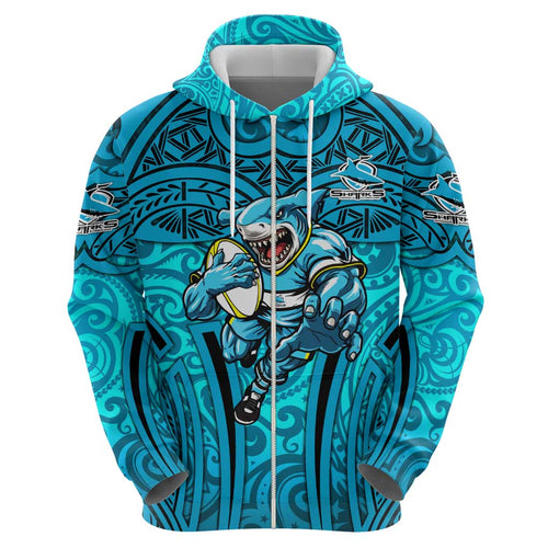 Cronulla Sutherland Sharks Rugby Hoodie Polynesian Tribal Shark Warrior Ocean Blue Pattern