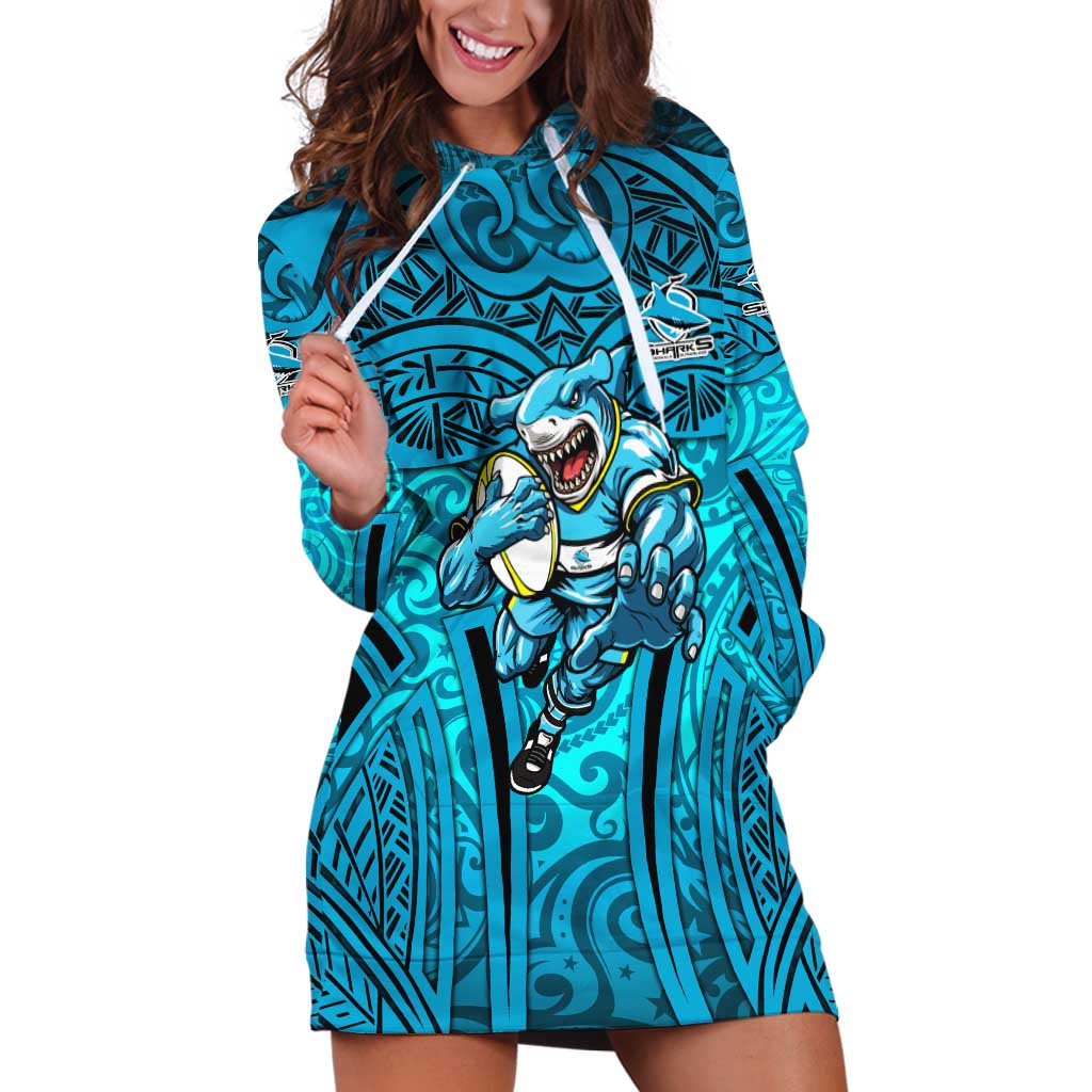 Cronulla Sutherland Sharks Rugby Hoodie Dress Polynesian Tribal Shark Warrior Ocean Blue Pattern