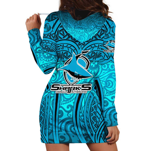 Cronulla Sutherland Sharks Rugby Hoodie Dress Polynesian Tribal Shark Warrior Ocean Blue Pattern