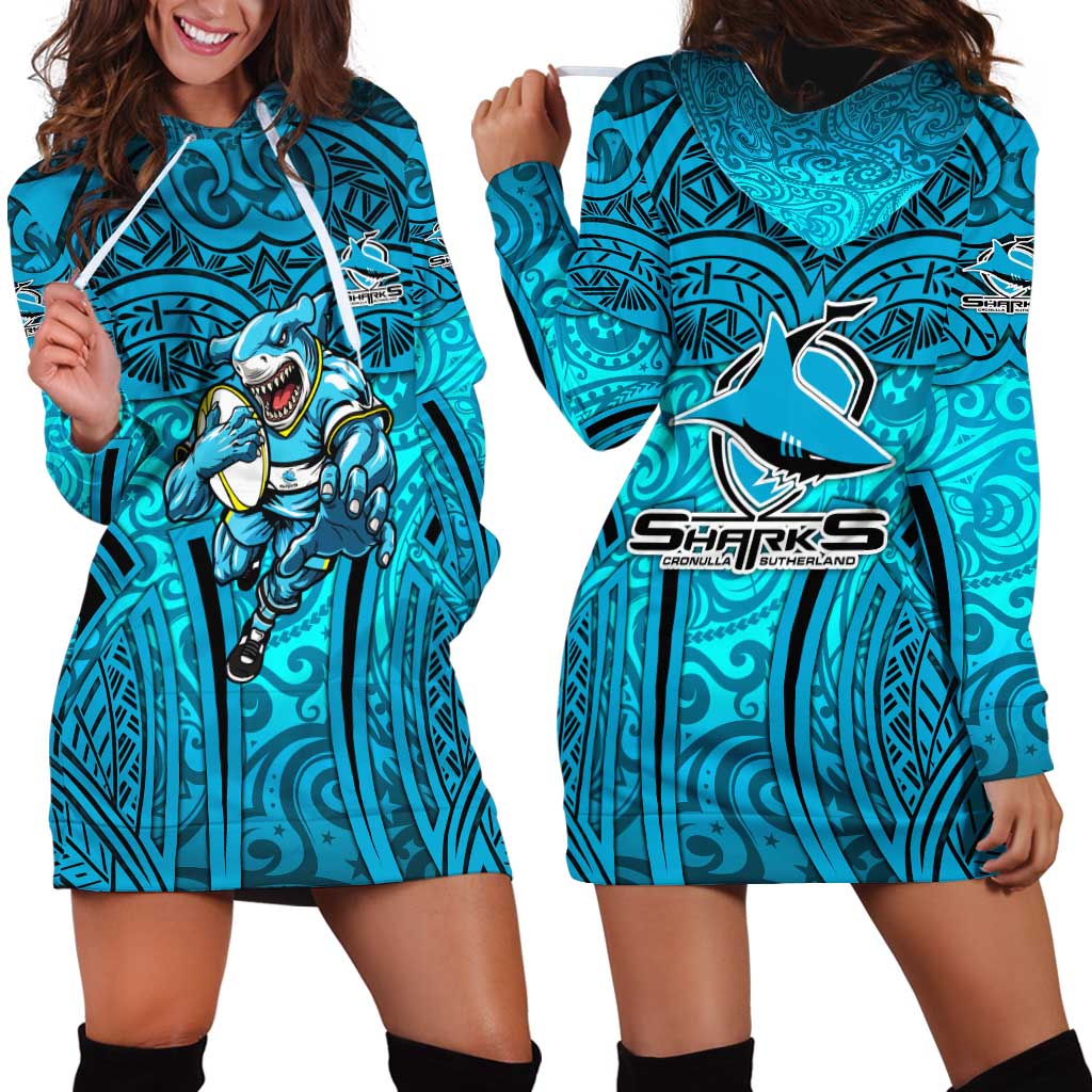 Cronulla Sutherland Sharks Rugby Hoodie Dress Polynesian Tribal Shark Warrior Ocean Blue Pattern
