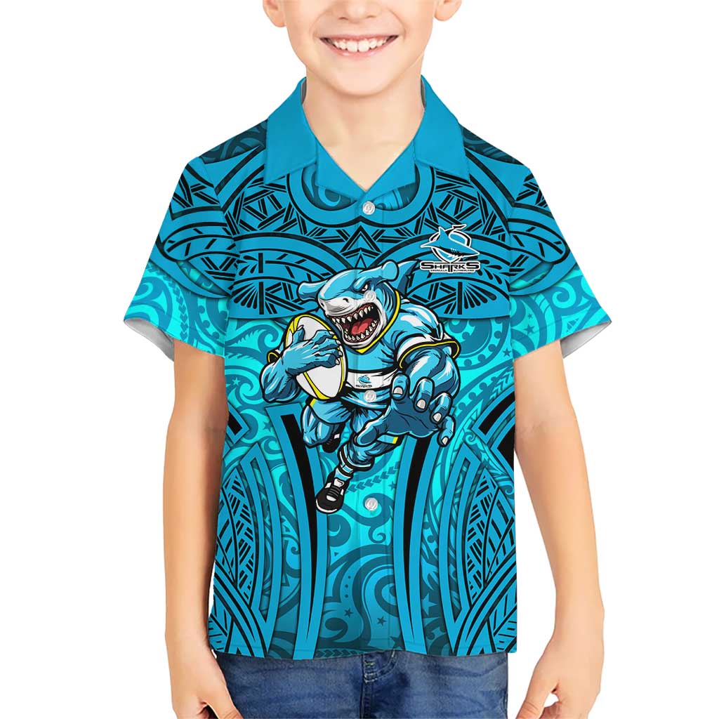 Cronulla Sutherland Sharks Rugby Kid Hawaiian Shirt Polynesian Tribal Shark Warrior Ocean Blue Pattern
