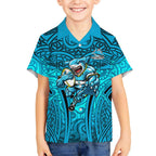 Cronulla Sutherland Sharks Rugby Kid Hawaiian Shirt Polynesian Tribal Shark Warrior Ocean Blue Pattern