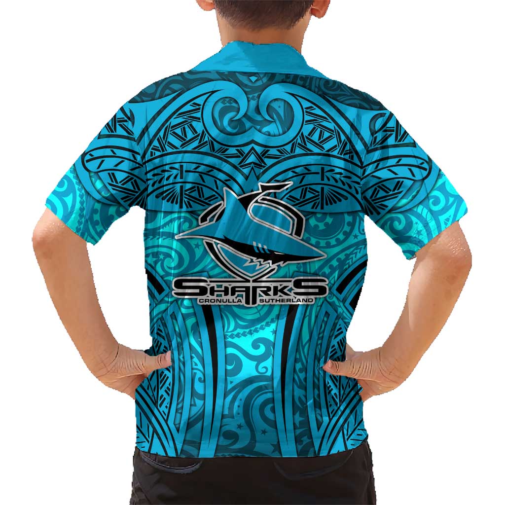 Cronulla Sutherland Sharks Rugby Kid Hawaiian Shirt Polynesian Tribal Shark Warrior Ocean Blue Pattern