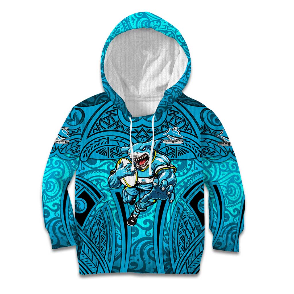 Cronulla Sutherland Sharks Rugby Kid Hoodie Polynesian Tribal Shark Warrior Ocean Blue Pattern