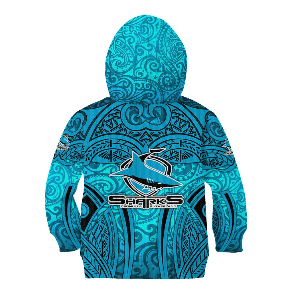 Cronulla Sutherland Sharks Rugby Kid Hoodie Polynesian Tribal Shark Warrior Ocean Blue Pattern