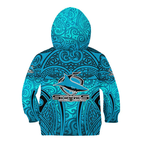 Cronulla Sutherland Sharks Rugby Kid Hoodie Polynesian Tribal Shark Warrior Ocean Blue Pattern