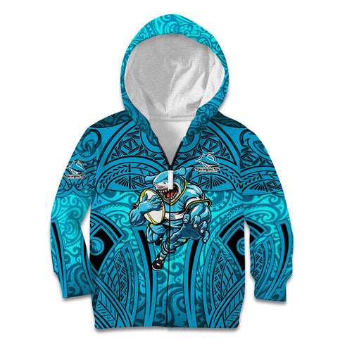 Cronulla Sutherland Sharks Rugby Kid Hoodie Polynesian Tribal Shark Warrior Ocean Blue Pattern