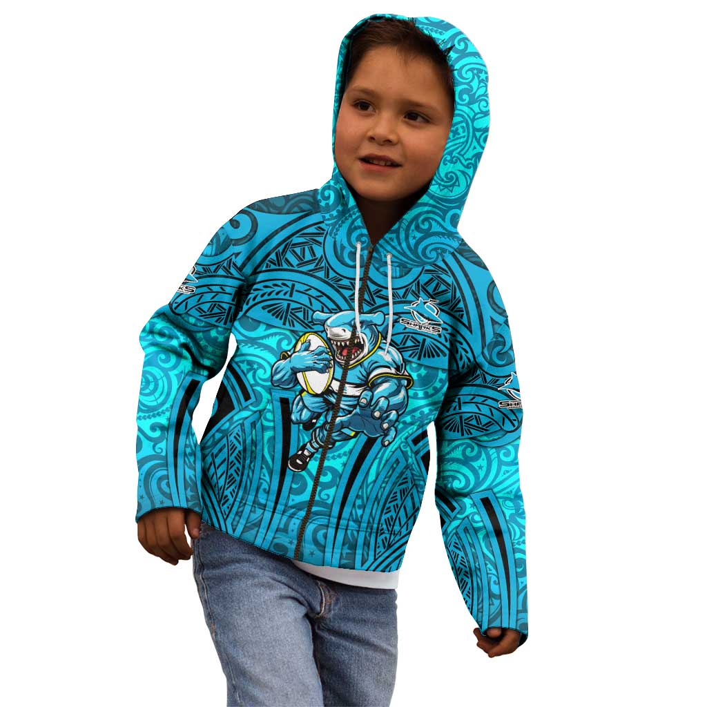 Cronulla Sutherland Sharks Rugby Kid Hoodie Polynesian Tribal Shark Warrior Ocean Blue Pattern