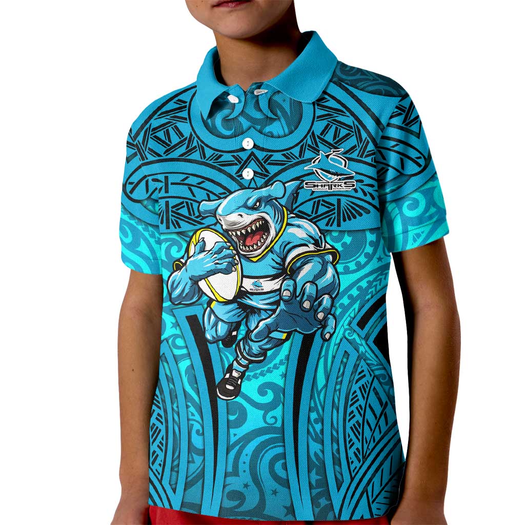 Cronulla Sutherland Sharks Rugby Kid Polo Shirt Polynesian Tribal Shark Warrior Ocean Blue Pattern
