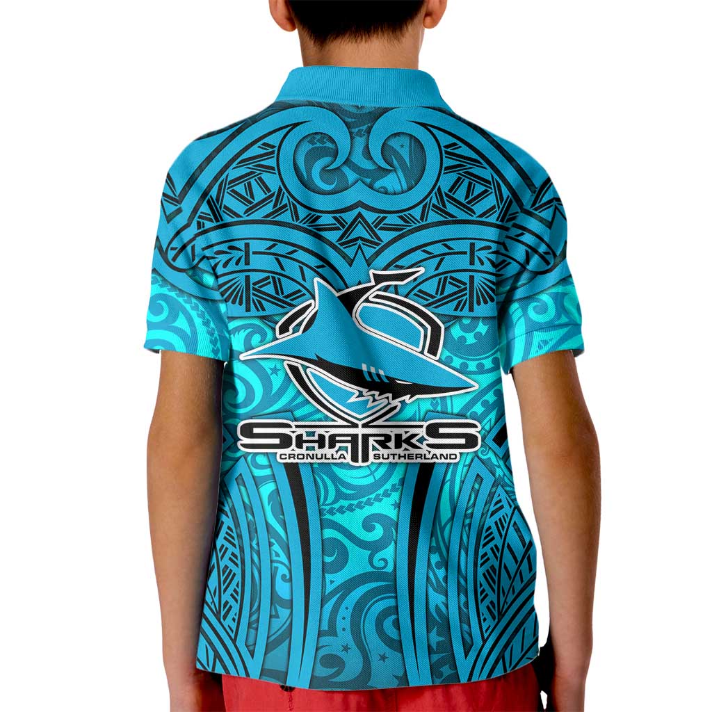 Cronulla Sutherland Sharks Rugby Kid Polo Shirt Polynesian Tribal Shark Warrior Ocean Blue Pattern