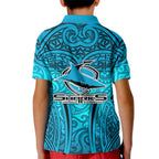 Cronulla Sutherland Sharks Rugby Kid Polo Shirt Polynesian Tribal Shark Warrior Ocean Blue Pattern