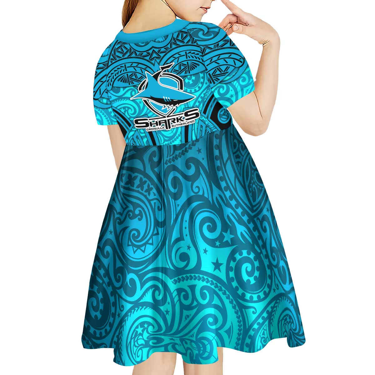 Cronulla Sutherland Sharks Rugby Kid Short Sleeve Dress Polynesian Tribal Shark Warrior Ocean Blue Pattern