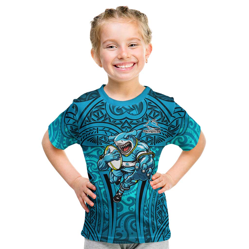 Cronulla Sutherland Sharks Rugby Kid T Shirt Polynesian Tribal Shark Warrior Ocean Blue Pattern