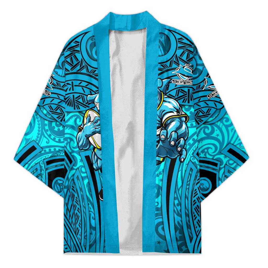 Cronulla Sutherland Sharks Rugby Kimono Polynesian Tribal Shark Warrior Ocean Blue Pattern