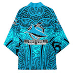 Cronulla Sutherland Sharks Rugby Kimono Polynesian Tribal Shark Warrior Ocean Blue Pattern