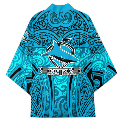 Cronulla Sutherland Sharks Rugby Kimono Polynesian Tribal Shark Warrior Ocean Blue Pattern
