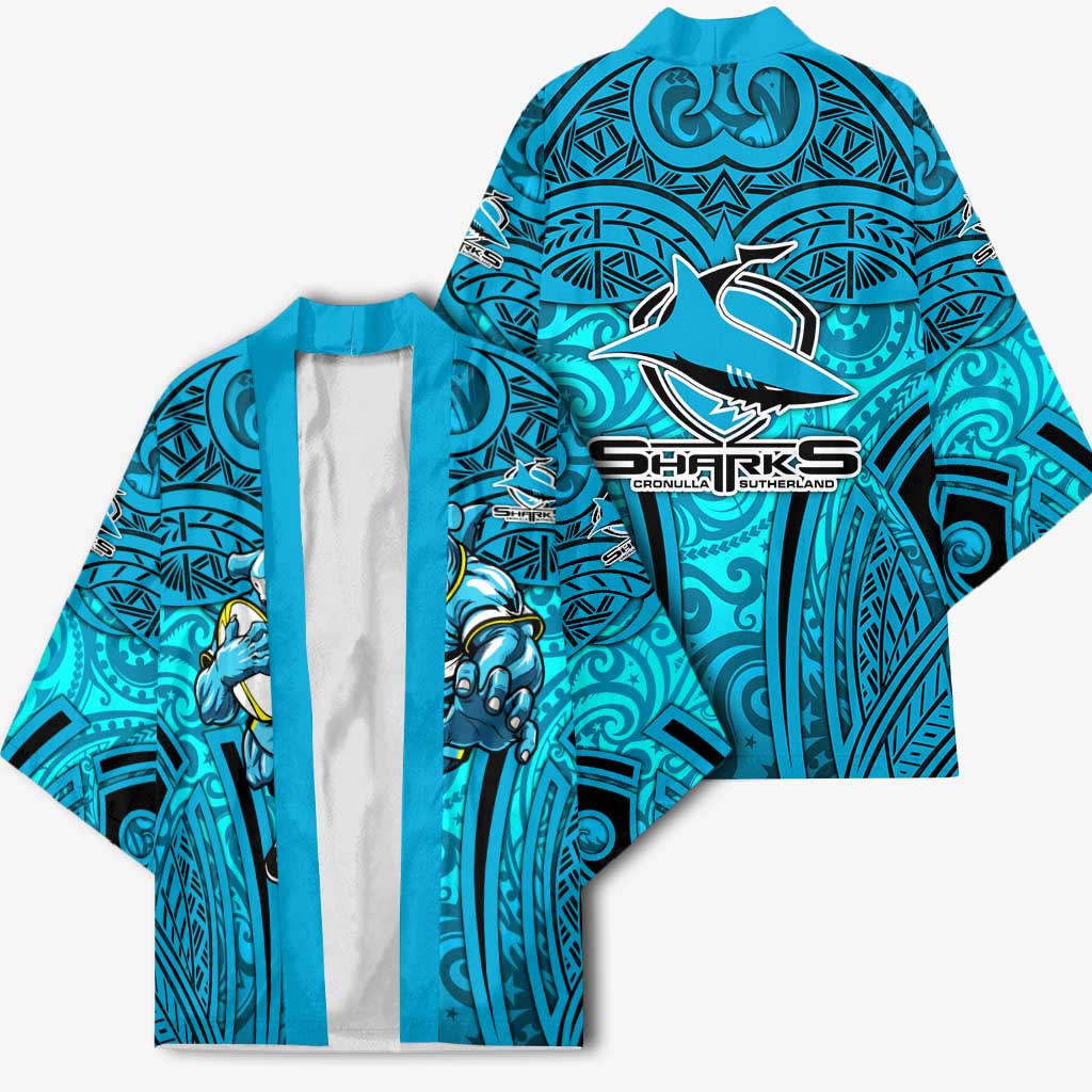 Cronulla Sutherland Sharks Rugby Kimono Polynesian Tribal Shark Warrior Ocean Blue Pattern