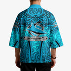 Cronulla Sutherland Sharks Rugby Kimono Polynesian Tribal Shark Warrior Ocean Blue Pattern