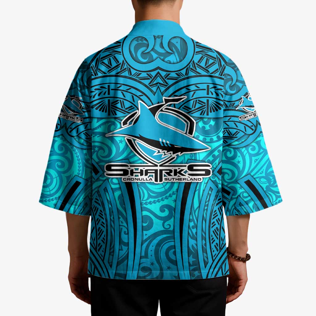 Cronulla Sutherland Sharks Rugby Kimono Polynesian Tribal Shark Warrior Ocean Blue Pattern