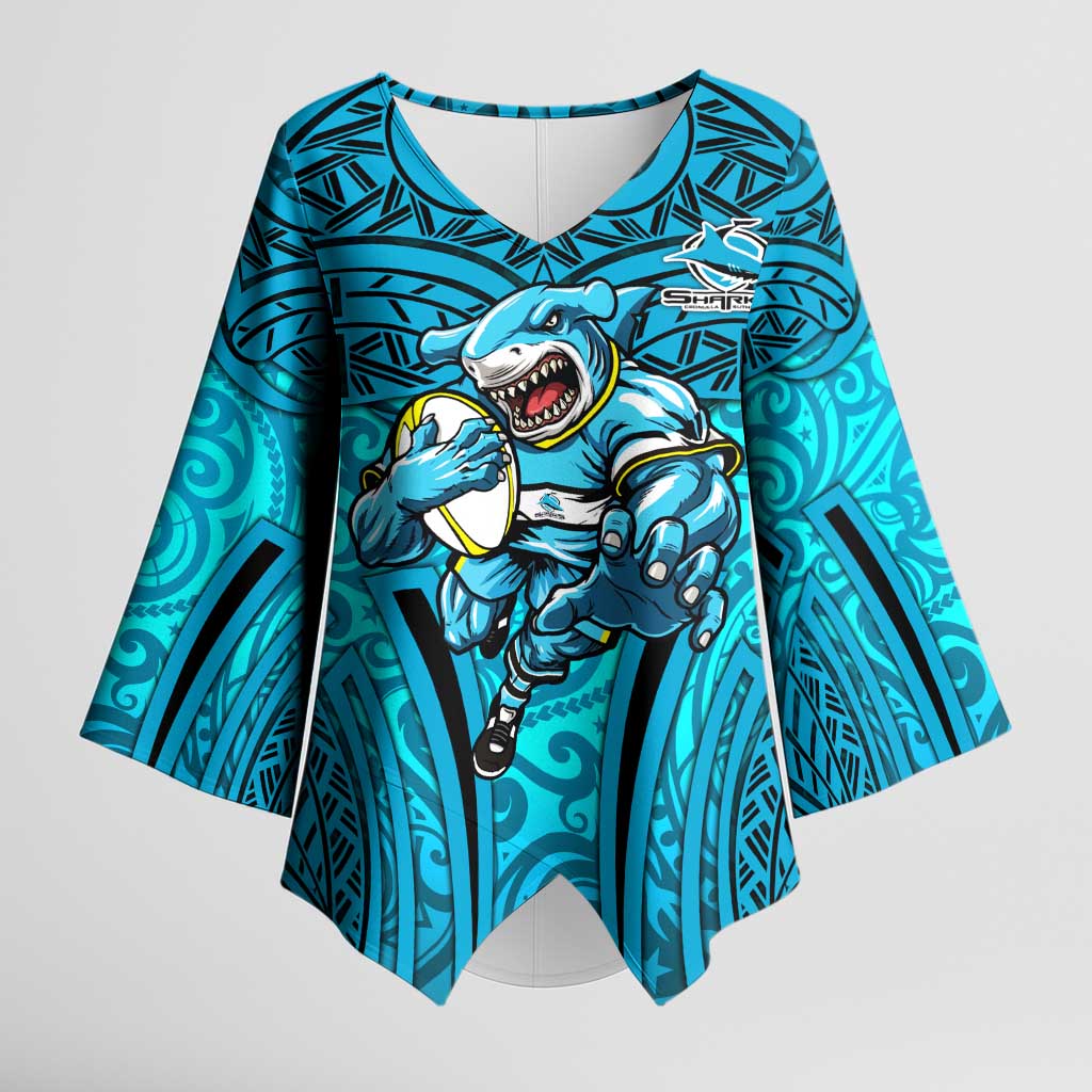Cronulla Sutherland Sharks Rugby Kimono Sleeve Blouse Polynesian Tribal Shark Warrior Ocean Blue Pattern