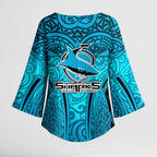 Cronulla Sutherland Sharks Rugby Kimono Sleeve Blouse Polynesian Tribal Shark Warrior Ocean Blue Pattern