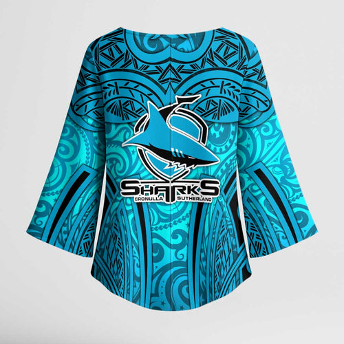 Cronulla Sutherland Sharks Rugby Kimono Sleeve Blouse Polynesian Tribal Shark Warrior Ocean Blue Pattern