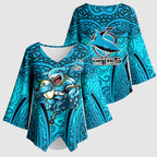 Cronulla Sutherland Sharks Rugby Kimono Sleeve Blouse Polynesian Tribal Shark Warrior Ocean Blue Pattern